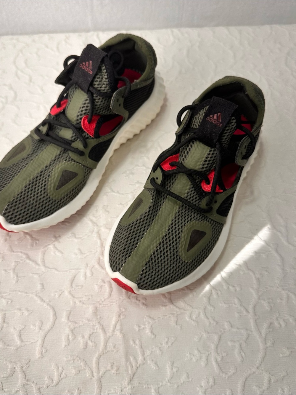 Adidas Kids Olive Green Running Sneakers with Red Accents